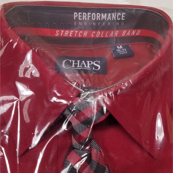 Chaps Kids Dress Shirt W/Easy-Clip Tie Size XXS/4-5 Red Long Sleeve Stretch New - Picture 2 of 7